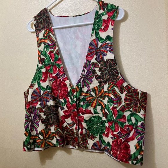 Vintage Handmade Present Bow Pattern Button Up Christmas Vest Women's Size L/XL - Picture 1 of 3